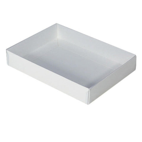 50 Pack Of White Card Box - Clear Slide On Lid 25 X 6Cm Large Beauty Product Gift Giving Hamper Tray Merch Fashion Cake Sweets Xmas