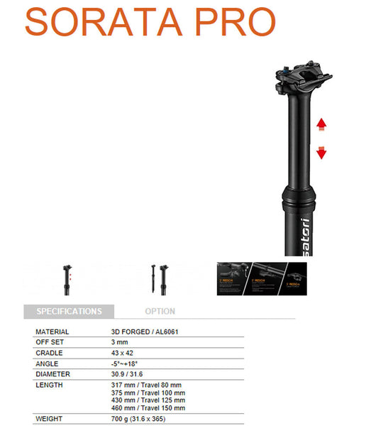 Seatposts Satori Sorata Pro Dropper Seat Post Internal Cable 31.6 Diameter 125Mm Travel Mtb Trekking Bike