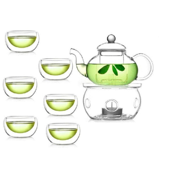 Teasets 5 Sets Of Gongfu Chinese Ceremony Tea 6 Glass Cups With Infuser And Tealight Candle Pot Warmer