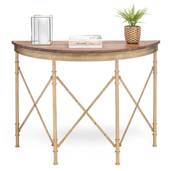 Tables Wooden Hallway Console Table Half Round Shape In French Brass Finish