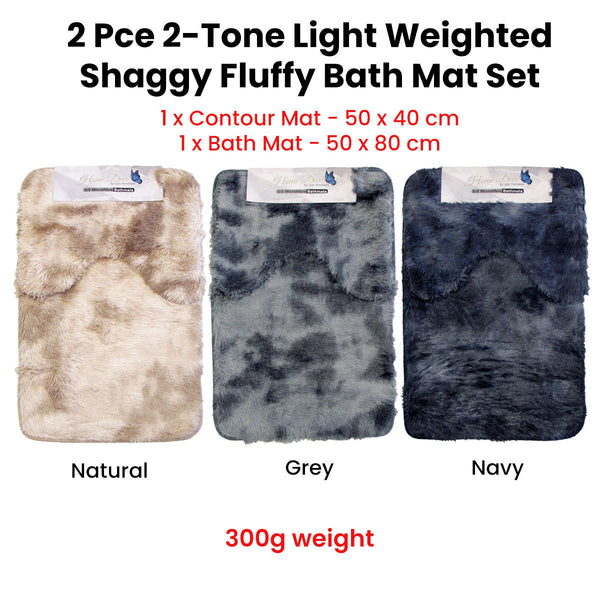 Bath Mats, Rugs & Toilet Covers 2 Pce 2 Toned Extra Light Weighted Shaggy Fluffy Bath Mat Set Grey