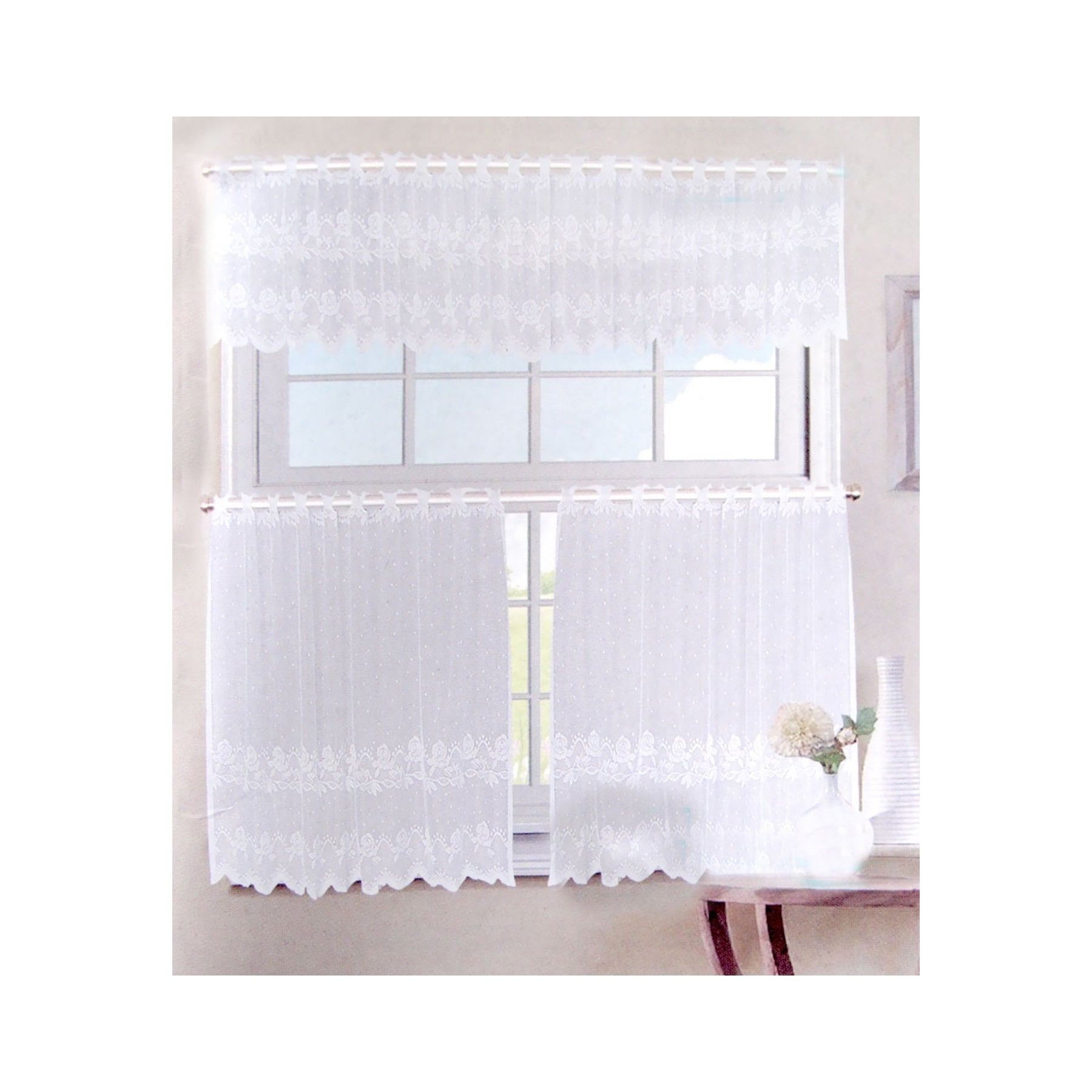 Curtains & Drapes 3 Pcs Cafe Rose Lace Curtain Set