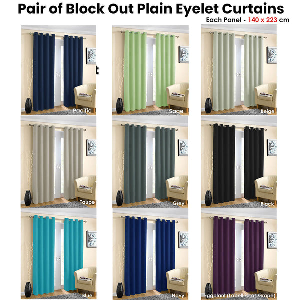 Curtains & Drapes Pair Of Blockout Plain Eyelet Curtains Blue