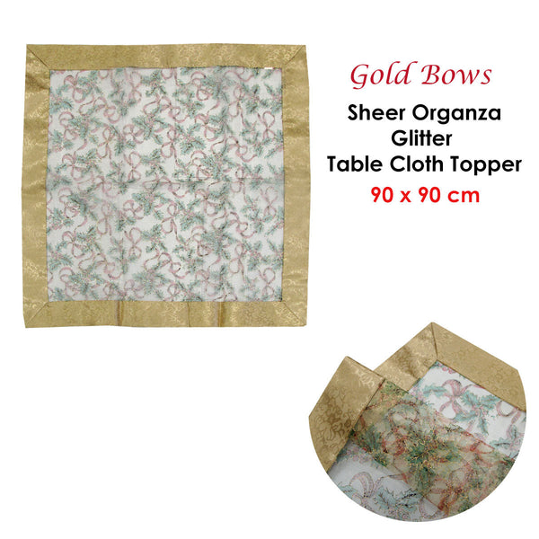 Seasonal Decorations Christmas Gold Bows Sheer Organza Glitter Table Cloth Topper 90 X Cm