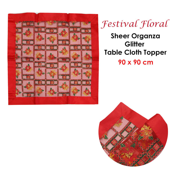 Seasonal Decorations Christmas Red Festival Floral Sheer Organza Glitter Table Cloth Topper 90 X Cm