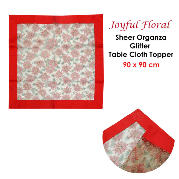 Seasonal Decorations Christmas Red Joyful Floral Sheer Organza Glitter Table Cloth Topper 90 X Cm