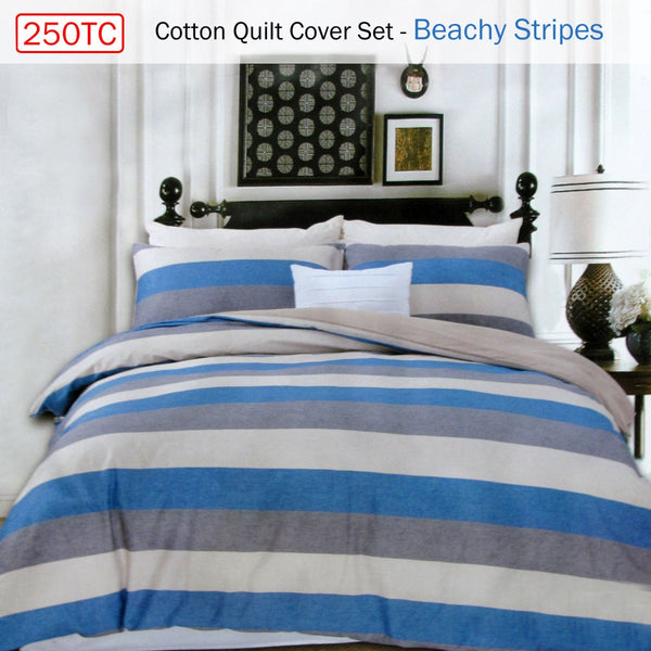 Quilt Covers 250Tc Cotton Reversible Quilt Cover Set Beachy Stripes Queen