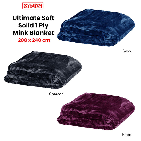 375Gsm 1 Ply Solid Faux Mink Blanket Queen 200X240 Cm Charcoal