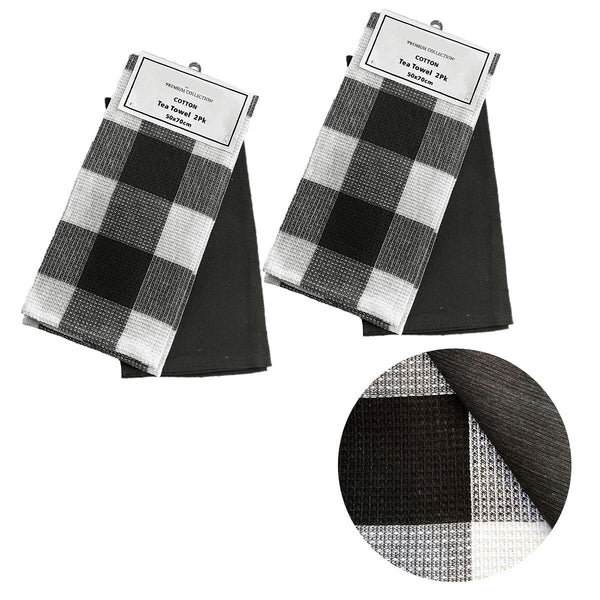 Tea Towels & Dishcloths Set Of 4 Cotton Waffle Checkered & Plain Dyed Tea Towels 50Cm X 70Cm