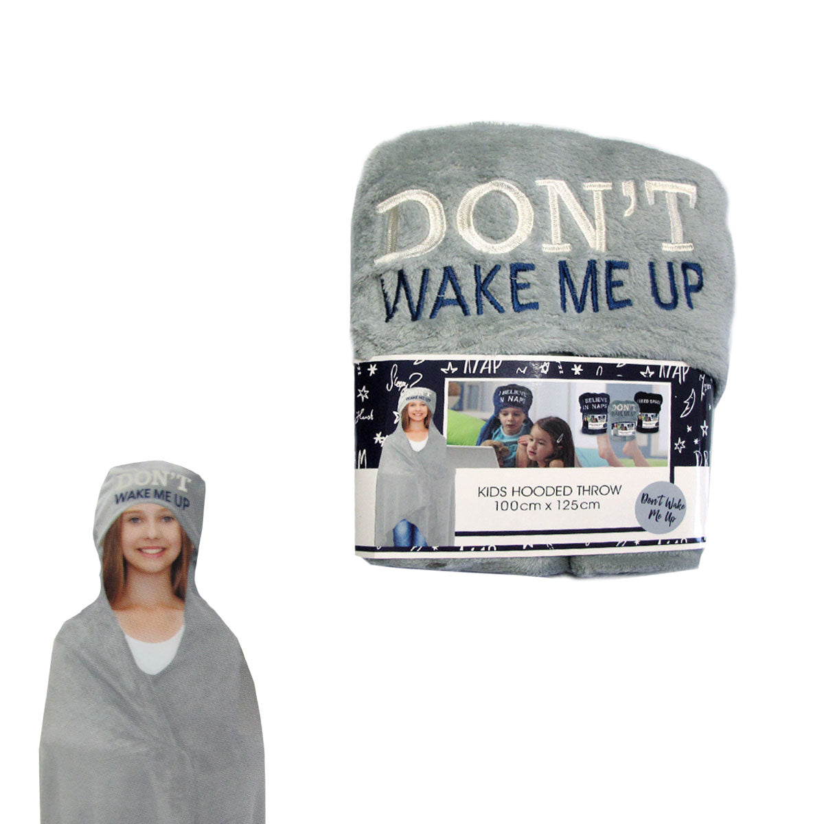 Blankets & Throws Kids Embroidered Hooded Throw Rug 100 X 125Cm Grey Don't Wake Me Up