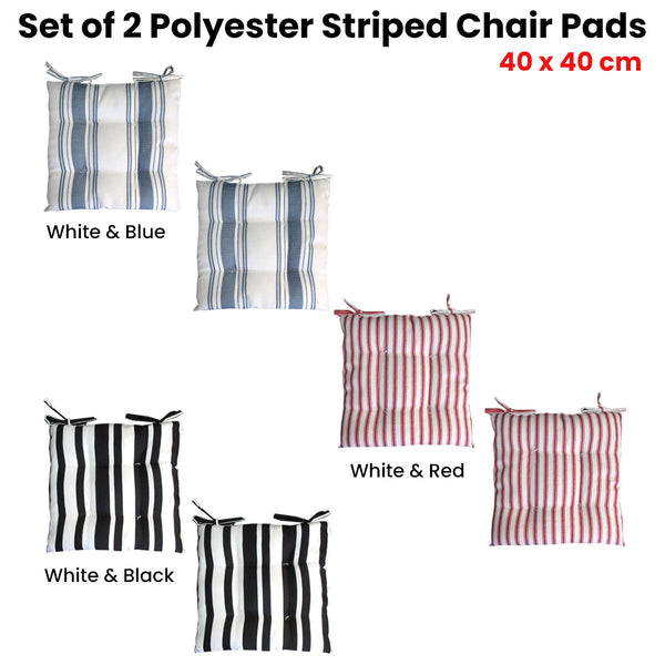 Set Of 2 Outdoor Polyester Striped Chair Pads 40 X 40Cm White Blue