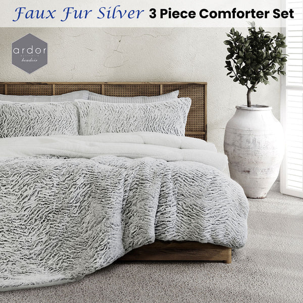 Comforter Sets Queen Ardor Faux Fur Silver 3 Piece Comforter Set