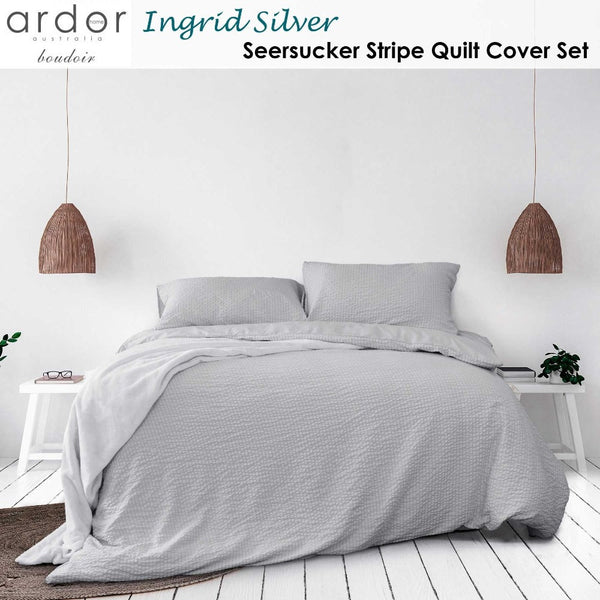 Quilt Covers Ardor Ingrid Silver Seersucker Stripe Quilt Cover Set