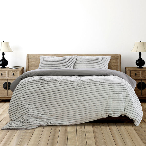 Quilt Covers Ardor Striped Faux Fur Grey Super Soft Quilt Cover Set