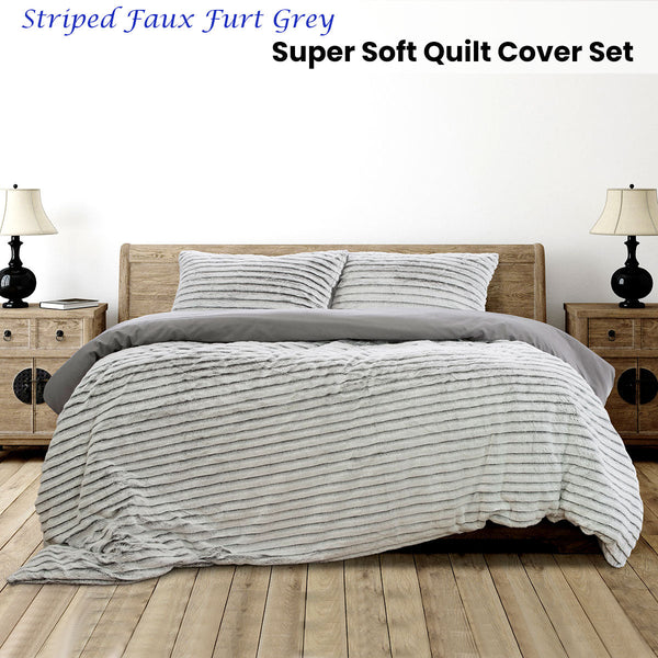 Quilt Covers Ardor Striped Faux Fur Grey Super Soft Quilt Cover Set