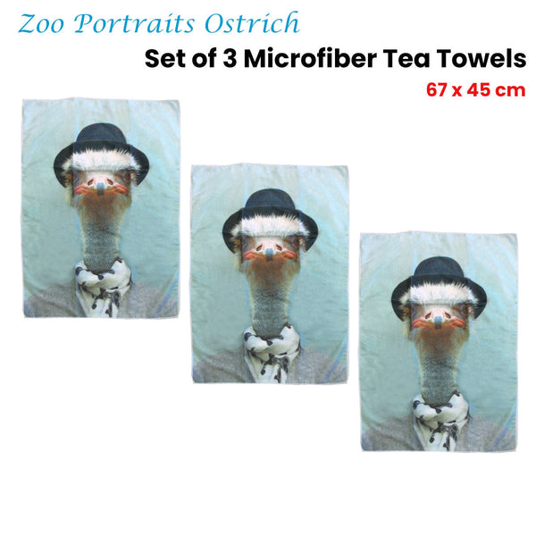 Tea Towels & Dishcloths Set Of 3 Zoo Portraits Microfiber Tea Towels Ostrich 67 X 45 Cm