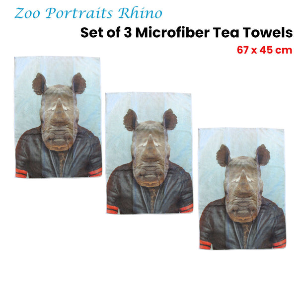 Tea Towels & Dishcloths Set Of 3 Zoo Portraits Microfiber Tea Towels Rhino 67 X 45 Cm