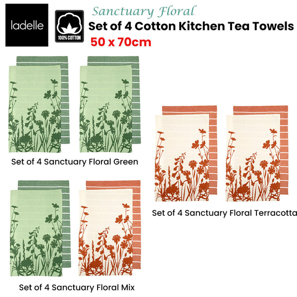 Tea Towels & Dishcloths Ladelle Set Of 4 Sanctuary Floral Cotton Kitchen Tea Towels 50 X 70 Cm Green