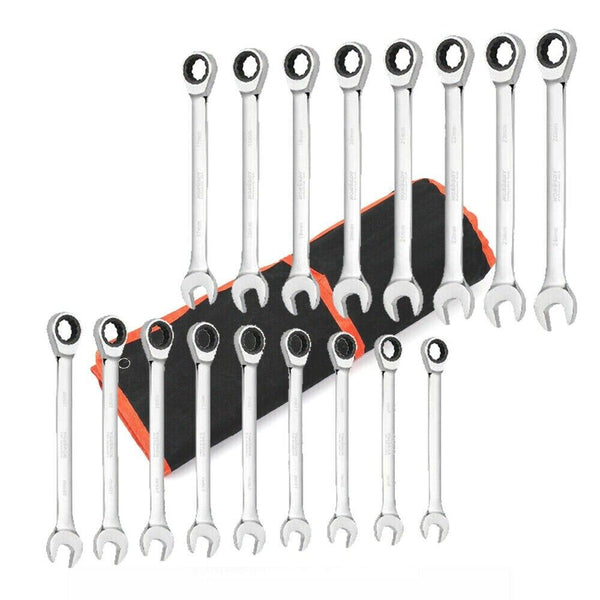 17Pc Ratchet Spanner Set Metric Combination Wrenches Open End Ring Cr-V 8-24Mm