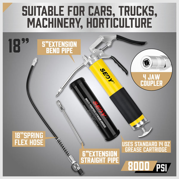 Grease Guns 18Inch Grease Gun 8000Psi Pistol Grip Flex Hose Heavy Duty Barrel With Cartridge