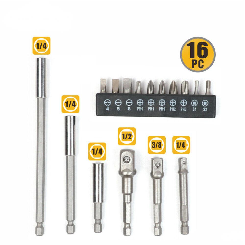 Drill Bits 16Pc Socket Bit Adaptor Set Power Drill Nut Driver Extension Screwdriver Bits