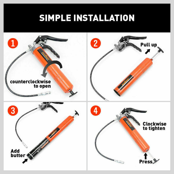 Grease Guns 18'' Manual Pistol Grip Grease Gun Flow Pressure 4500Psi Flexi Hose & Coupler