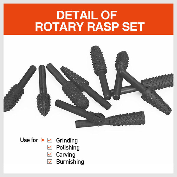 Drill Bits 10Pc Rotary Bits Set Router Drill Burr Wood Rasp File Timber