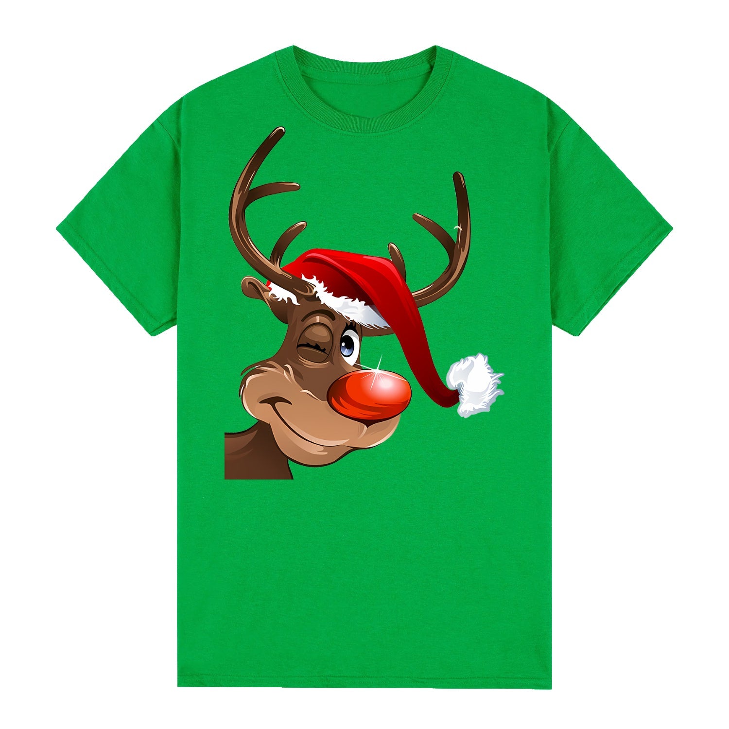 T Shirts 100% Cotton Christmas T Shirt Adult Unisex Tee Tops Funny Santa Party Custume, Reindeer Wink (Green)