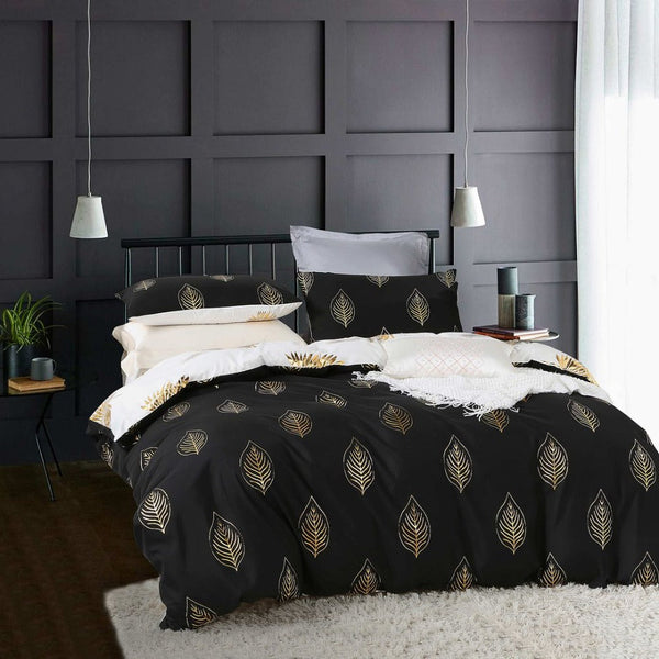 Quilt Covers Reversible Design King Size Black Gold Duvet Quilt Cover Set