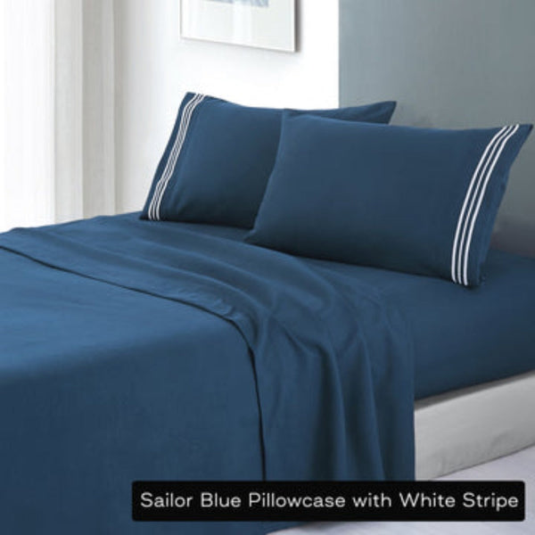 Sheets Soft Microfibre Embroidered Stripe Sheet Set Double Sailor Blue Pillowcase White