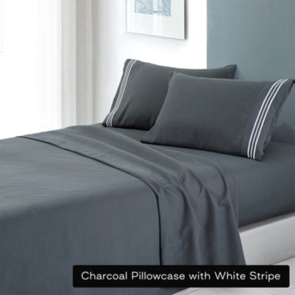 Sheets Soft Microfibre Embroidered Stripe Sheet Set King Single Charcoal Pillowcase White