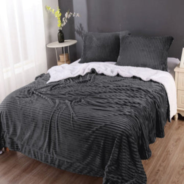 Stripe Flannel Sherpa Blanket Queen Charcoal