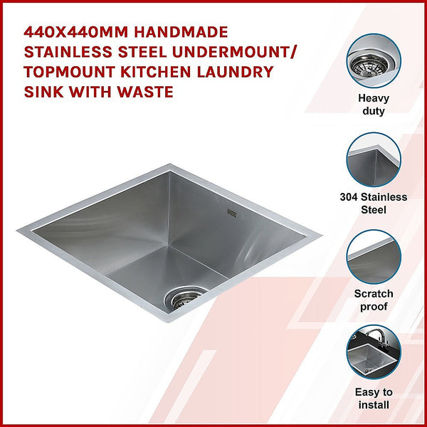 Kitchen Sinks 440X440mm Handmade Stainless Steel Undermount / Topmount Kitchen Laundry Sink With Waste