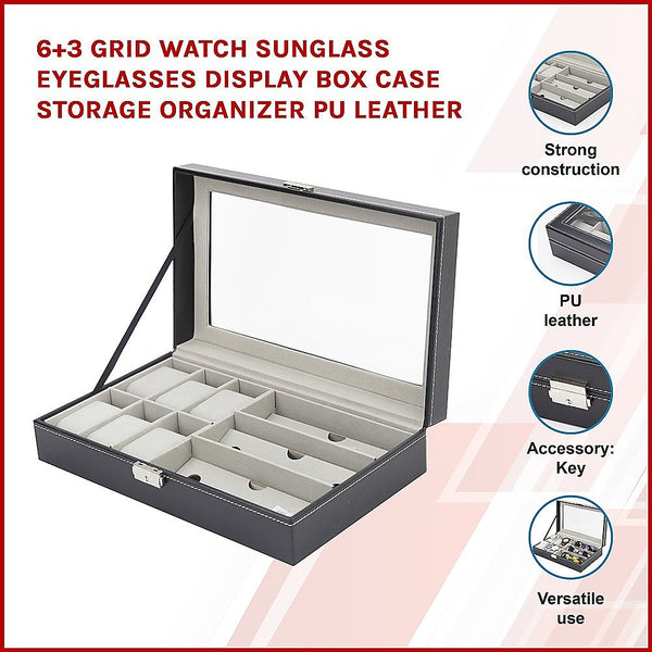 6+3 Grid Watch Sunglass Eyeglasses Display Box Case Storage Organizer Pu Leather