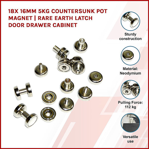 Lifting Magnets 18X 16Mm 5Kg Countersunk Pot Magnet | Rare Earth Latch Door Drawer Cabinet