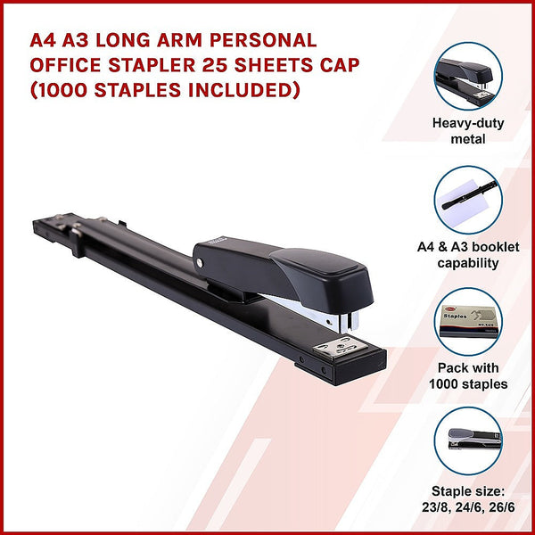 A4 A3 Long Arm Personal Office Stapler 25 Sheets Cap (1000 Staples Included)