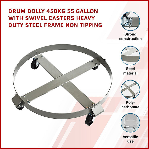 Drum Dolly 450Kg 55 Gallon W Swivel Casters Heavy Duty Steel Frame Non Tipping