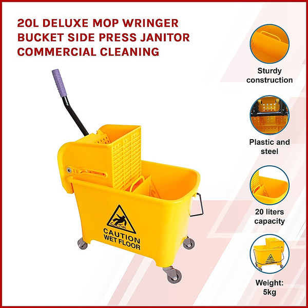 Mop & Broom Accessories 20L Deluxe Mop Wringer Bucket Side Press Janitor Commercial Cleaning