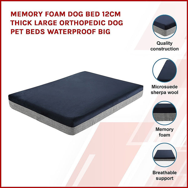 Memory Foam Dog Bed 12Cm Thick Large Orthopedic Pet Beds Waterproof Big