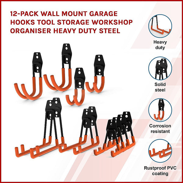 Wall Tool Racks 12 Pack Wall Mount Garage Hooks Tool Storage Workshop Organiser Heavy Duty Steel