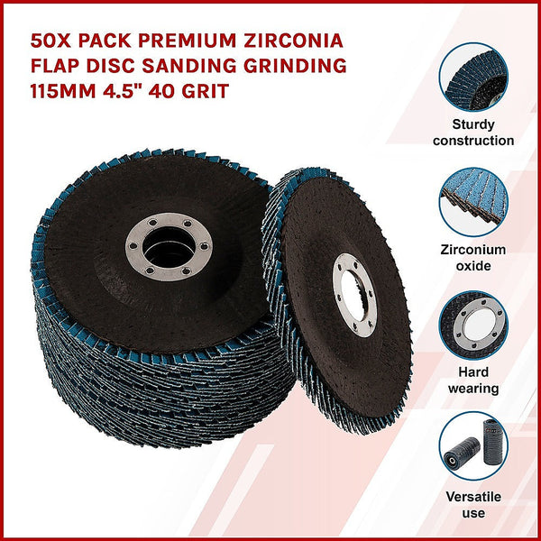 50X Pack Premium Zirconia Flap Disc Sanding Grinding 115Mm 4.5" 40 Grit