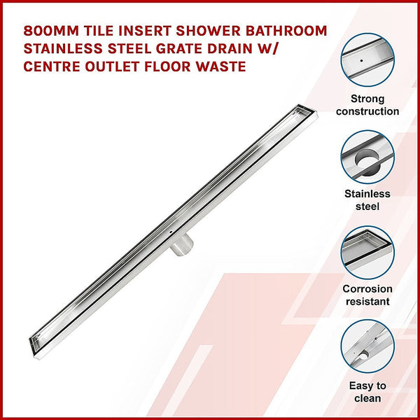 Drain Grates 800Mm Tile Insert Shower Bathroom Stainless Steel Grate Drain W/Centre Outlet Floor Waste