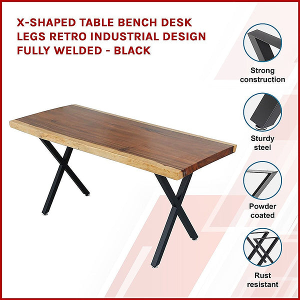 X-Shaped Table Bench Desk Legs Retro Industrial Design Fully Welded Black