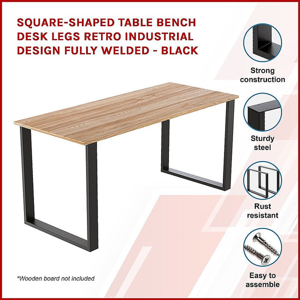 Square-Shaped Table Bench Desk Legs Retro Industrial Design Fully Welded Black