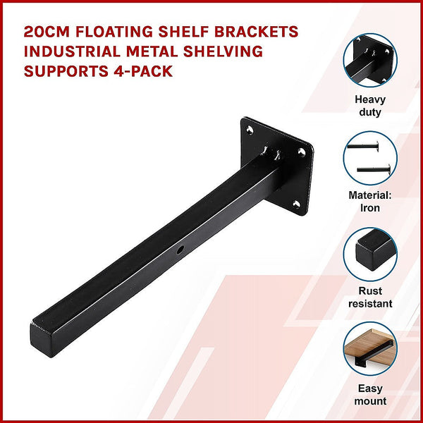 Hanging Shelves 20Cm Floating Shelf Brackets Industrial Metal Shelving Supports 4 Pack