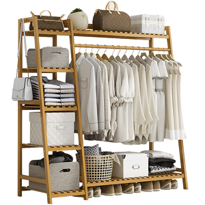 Garment Racks Portable Clothes Rack Coat Garment Stand Bamboo Rail Hanger Airer Closet