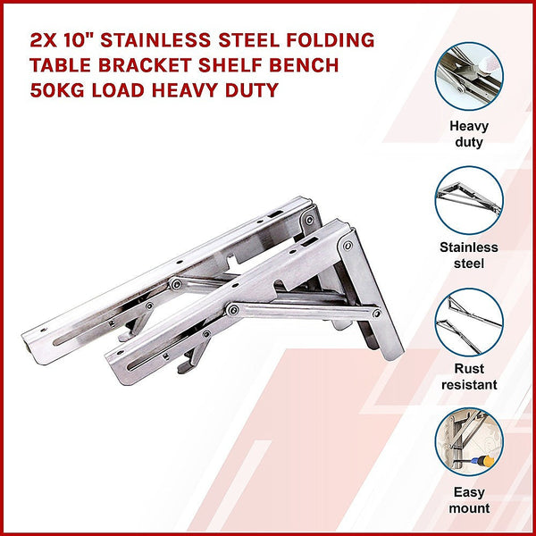 Braces & Brackets 2X 10" Stainless Steel Folding Table Bracket Shelf Bench 50Kg Load Heavy Duty