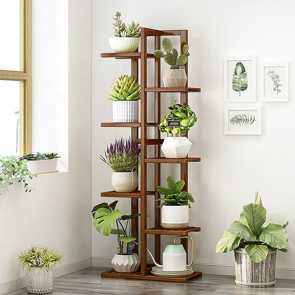 6 Tiers Vertical Bamboo Plant Stand Staged Flower Shelf Rack Outdoor Garden