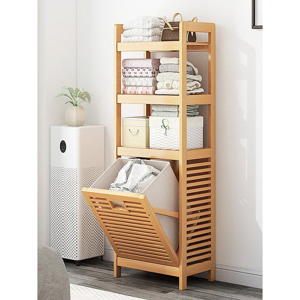 Side Tables Bamboo 2 In 1 Laundry Hamper Side Table With Shelves And Clothes Basket