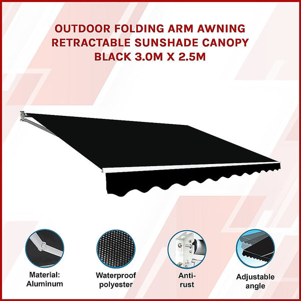 Awning & Canopy Parts Outdoor Folding Arm Awning Retractable Sunshade Canopy Black 3.0M X 2.5M